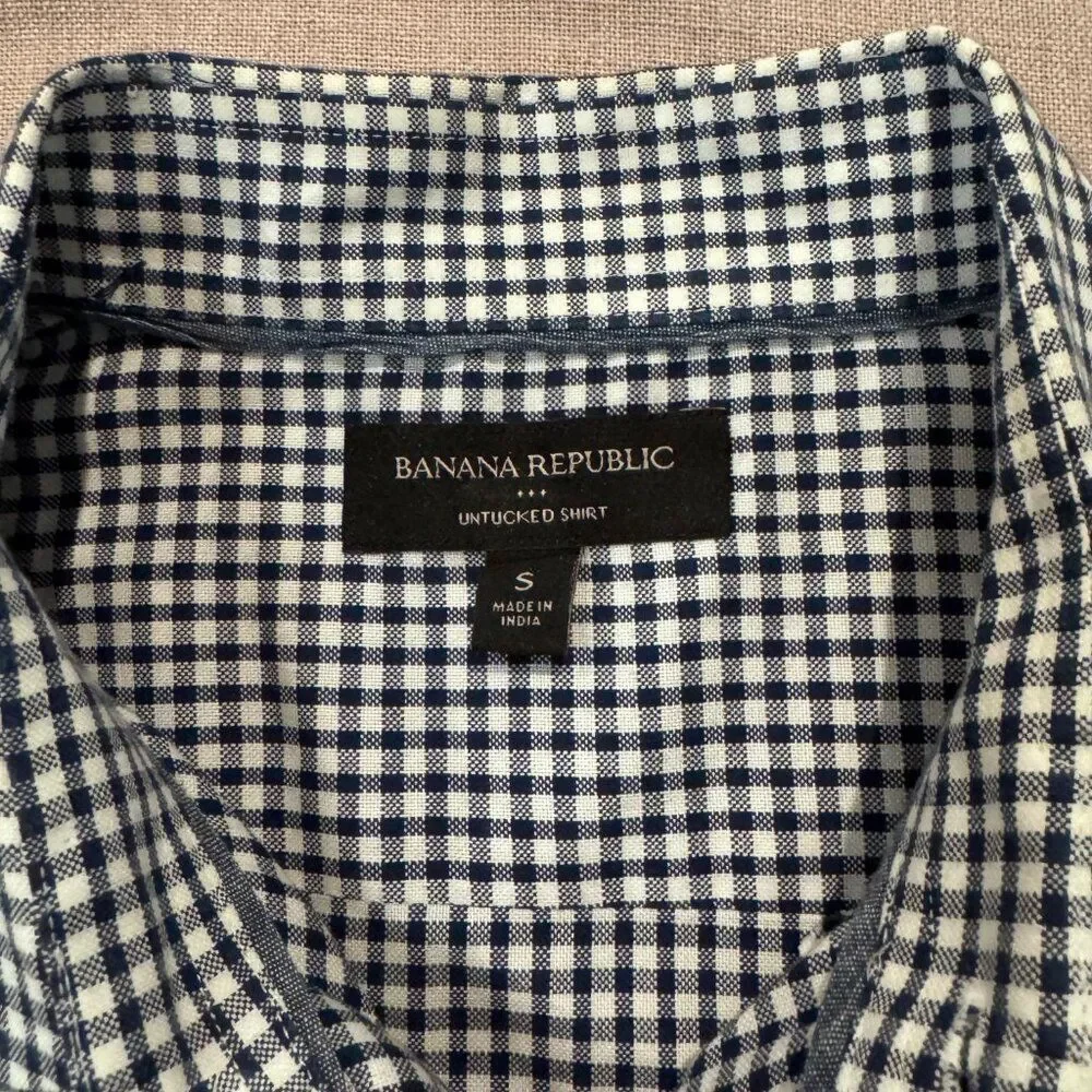 Banana Republic Men’s Small Untucked Shirt Blue White Gingham 100% Cotton